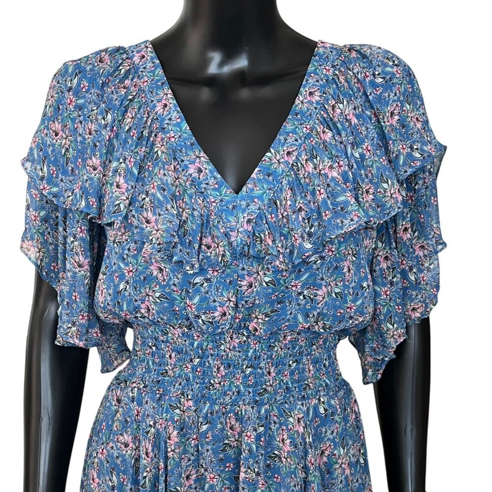 Gilner Farrar Blue Floral Smocked Mini Dress Tiered Ruffle Flutter Sleeve Large - Picture 5 of 8